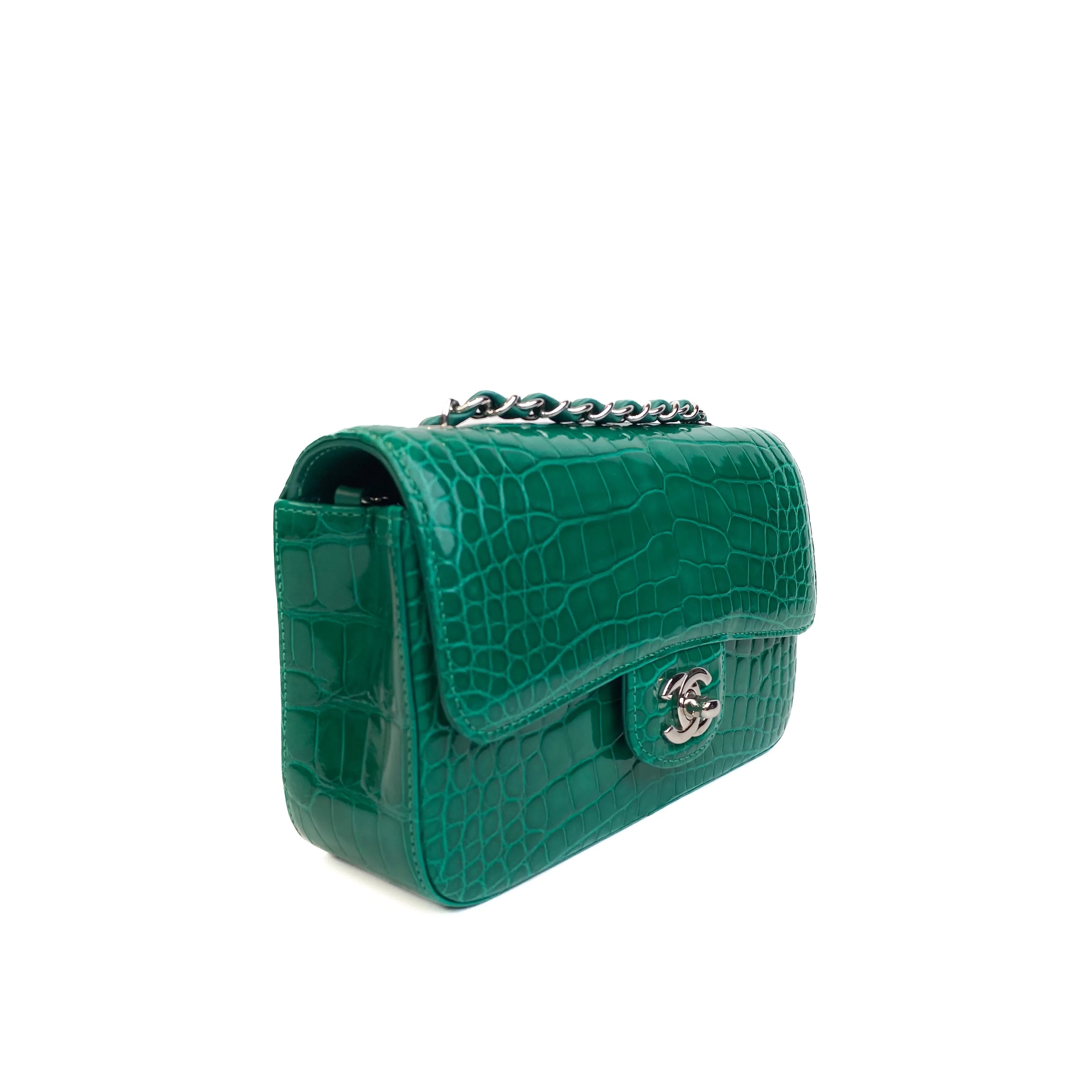 CHANEL Emerald Green Shiny Alligator Classic Mini Flap Bag with Gold Hardware Left