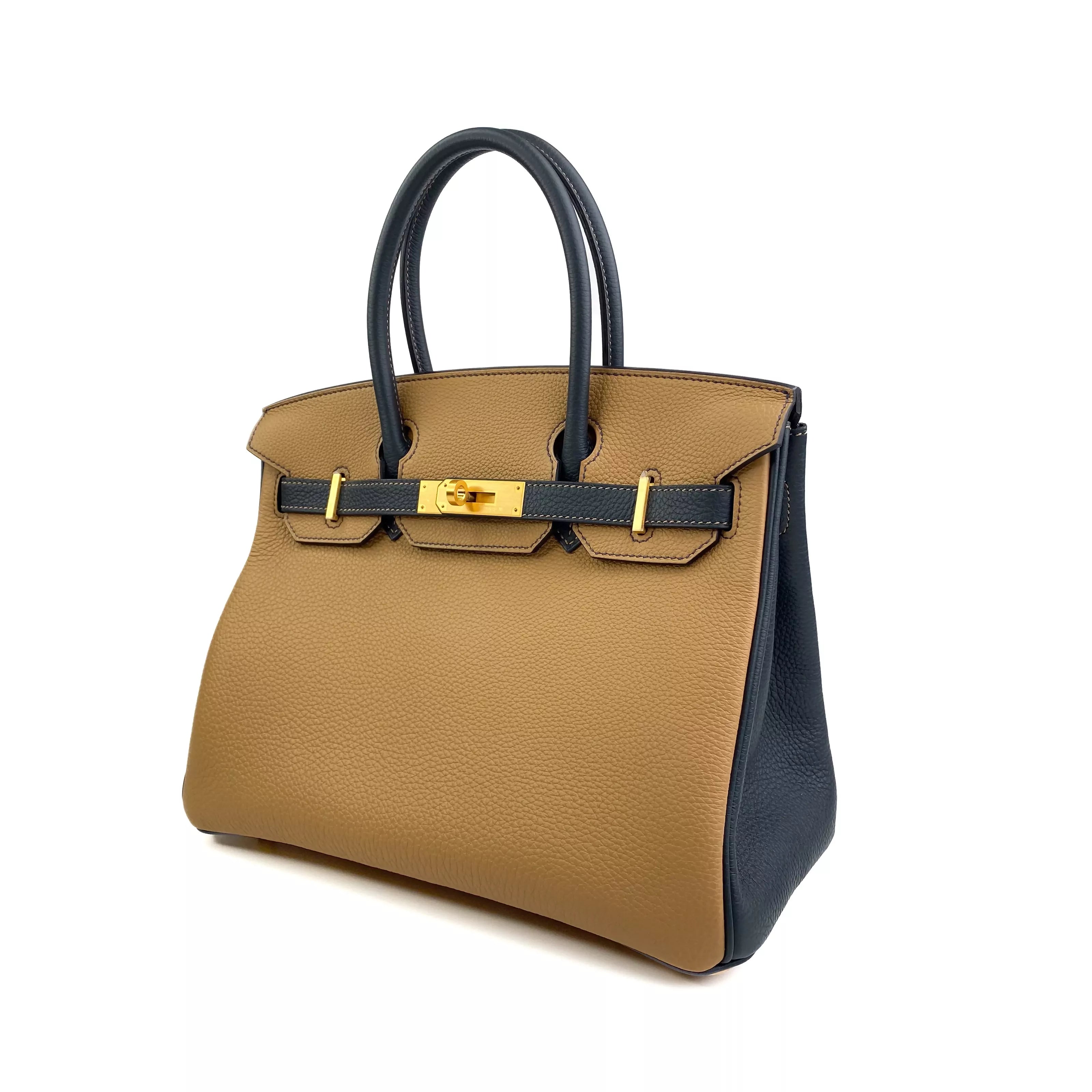 Hermes Birkin 25 Clemence Leather Bicolour Biscuit & Blue nuit GHW Side 2