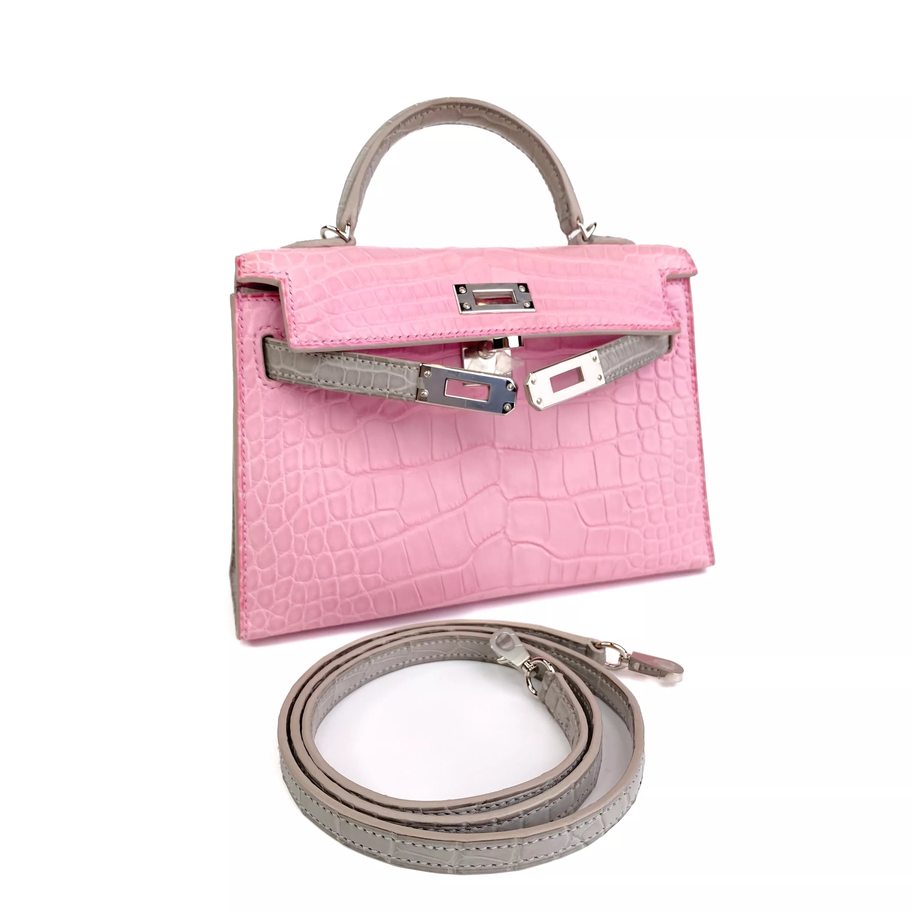 Hermes Mini Kelly Bicolour Bubblegum Pink Croco PHW Back Set 2