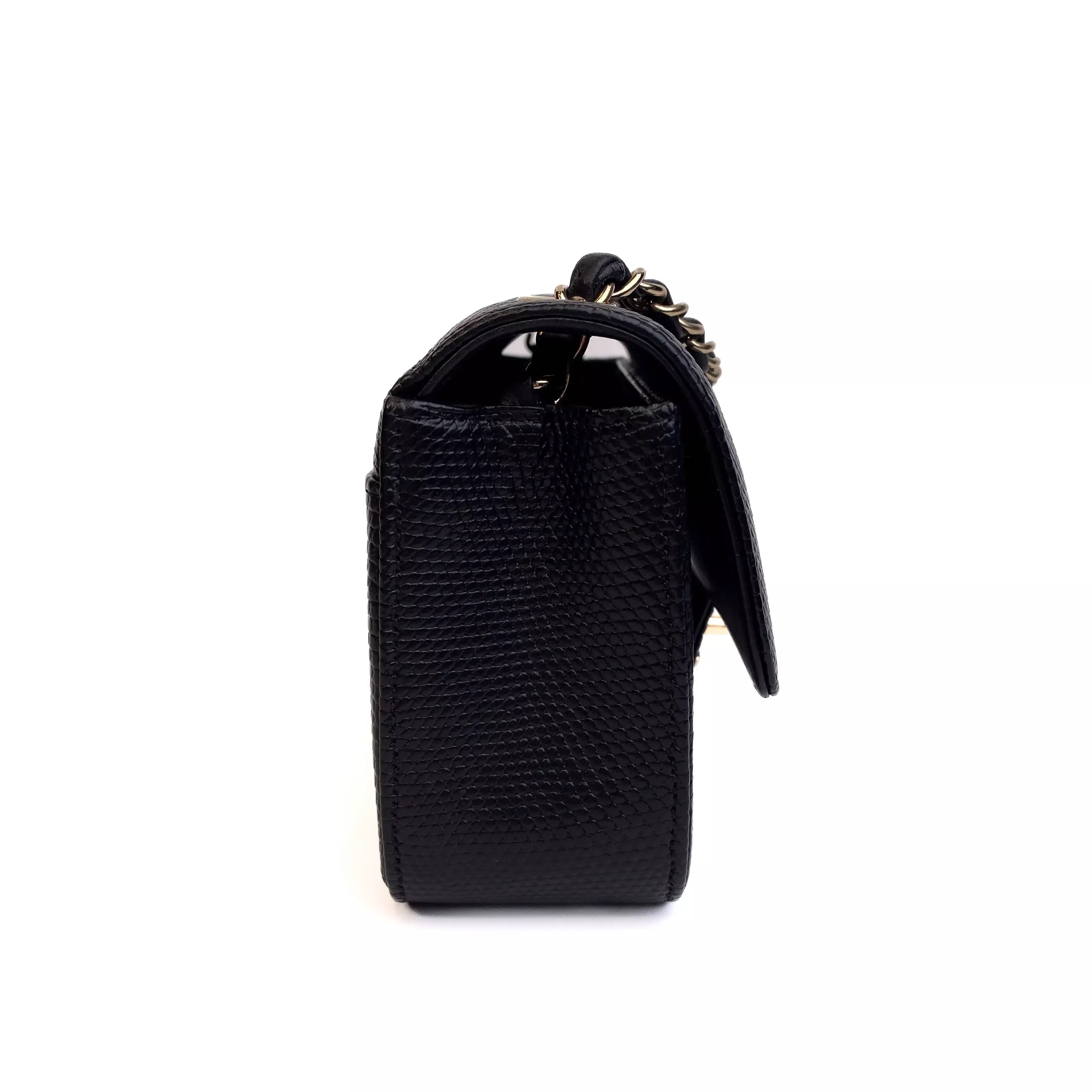 Chanel Classic Mini Flap Bag Black Lizard Leather with Gold Hardware Right Side