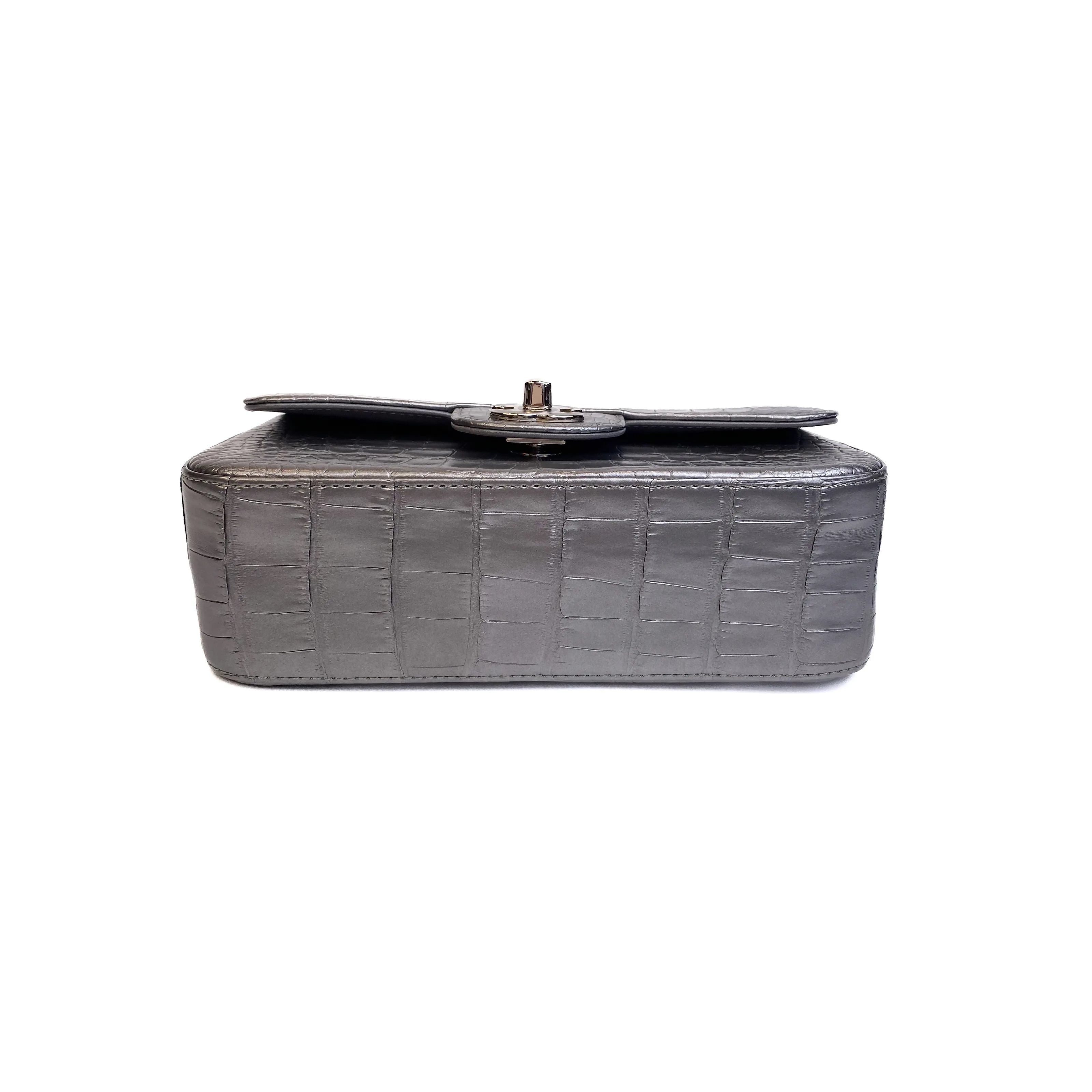 Chanel Classic Mini Flap Bag Shiny Alligator in Metallic Silver with Ruthenium Hardware Bottom