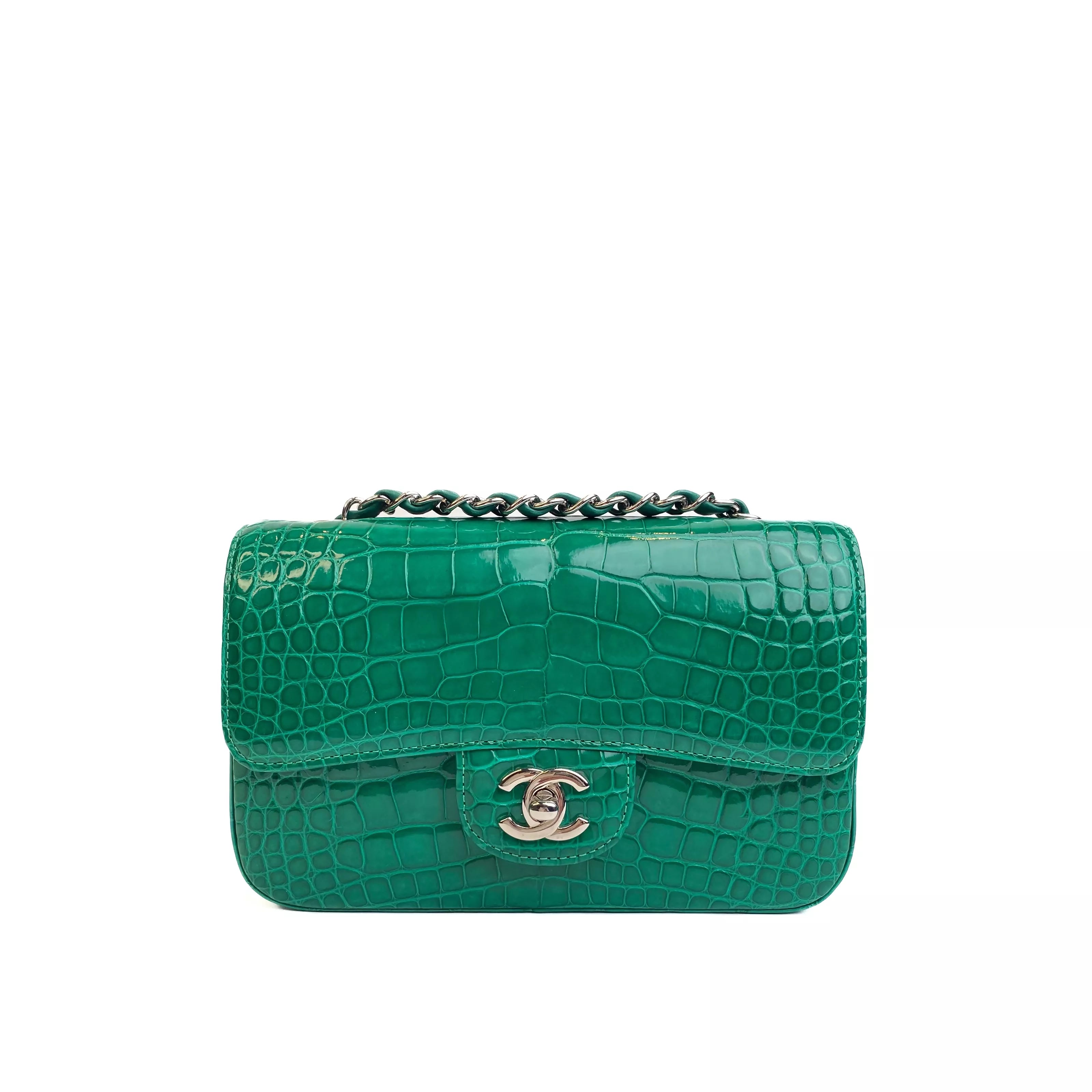 CHANEL Emerald Green Shiny Alligator Classic Mini Flap Bag with Gold Hardware Front