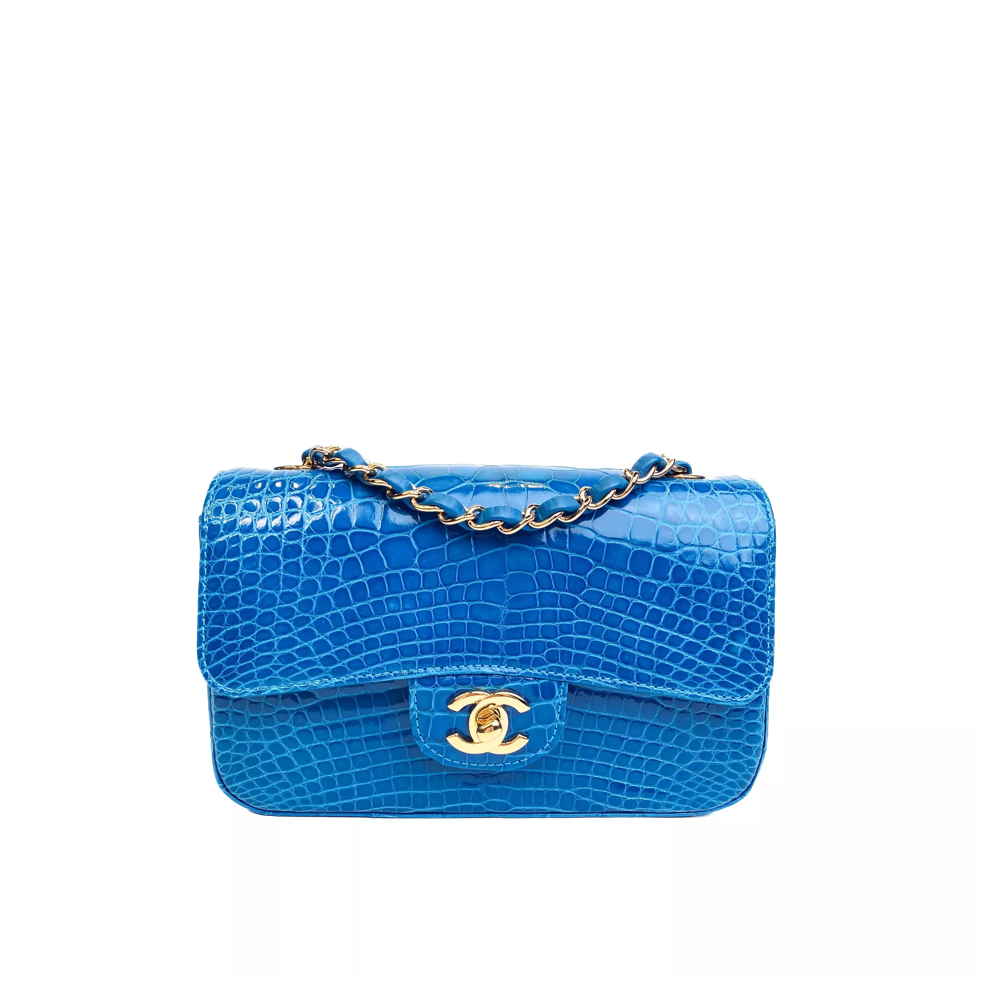 CHANEL Lagoon Blue Shiny Alligator Classic Mini Flap Bag with Gold Hardware Front