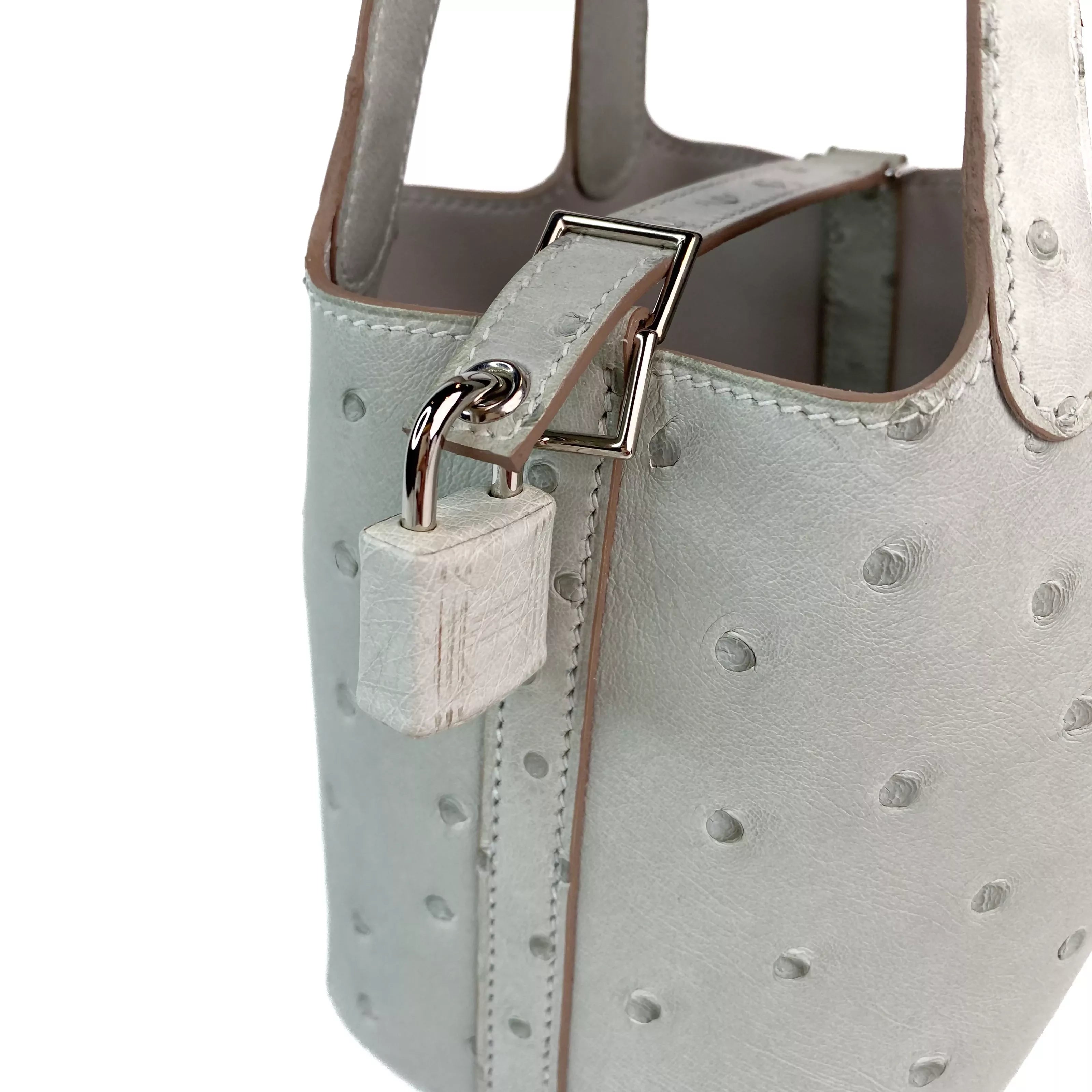Hermes Picotin 18 Lock Bag Ostrich Gris Meyer PHW Detail